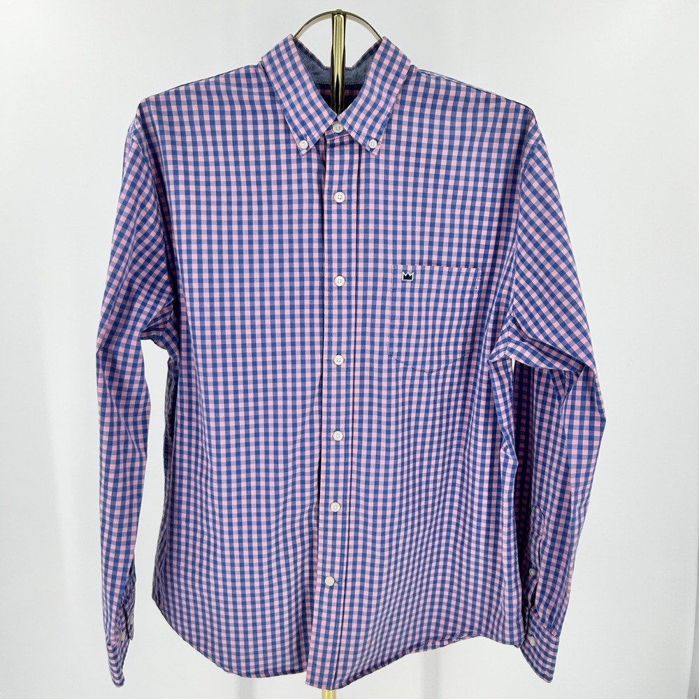 Crown & Ivy Mens Medium Classic Fit Gingham Button Down Shirt Pink Blue LS